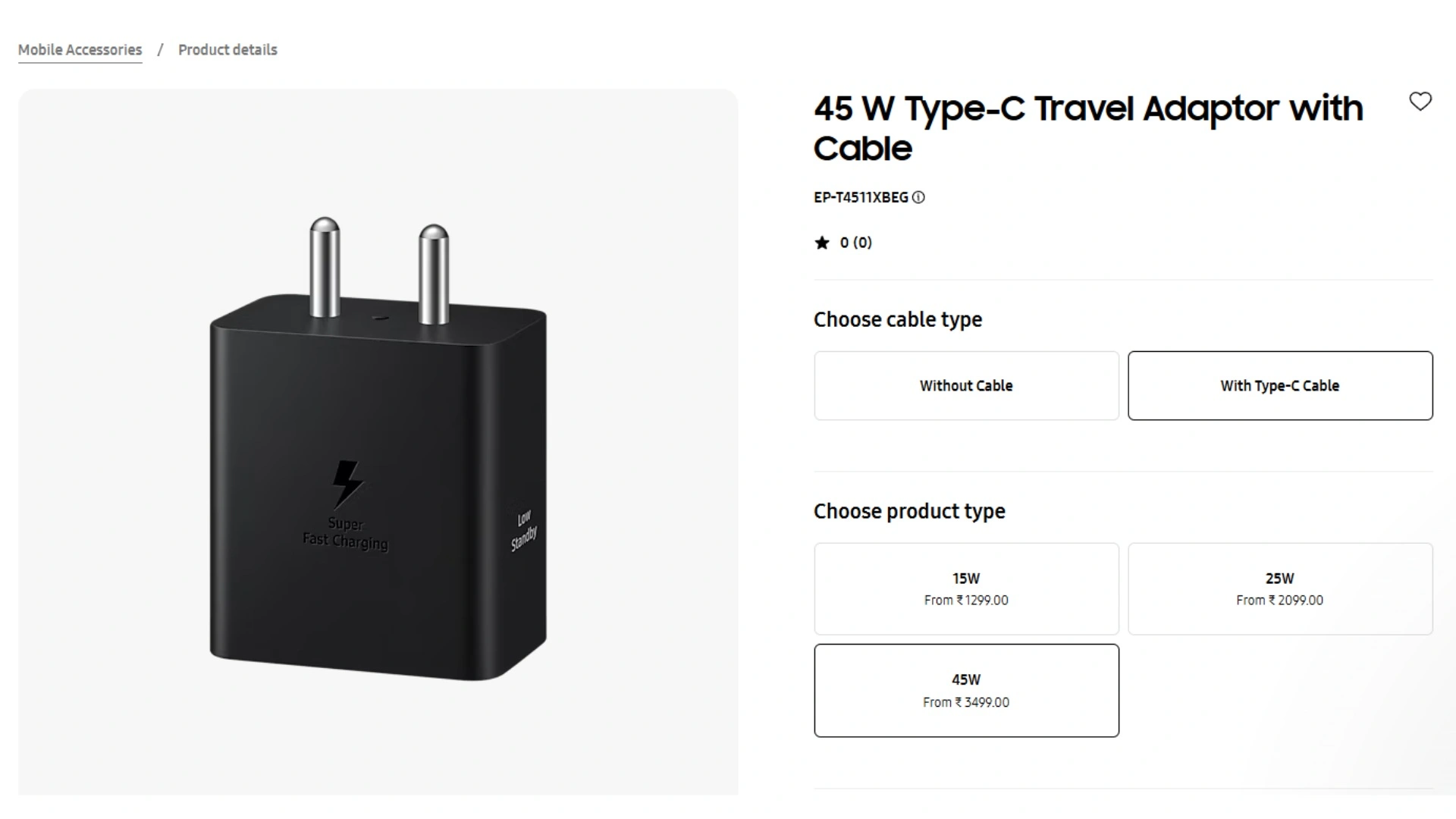 samsung 45 W charger price with C type cable in samsung official website.